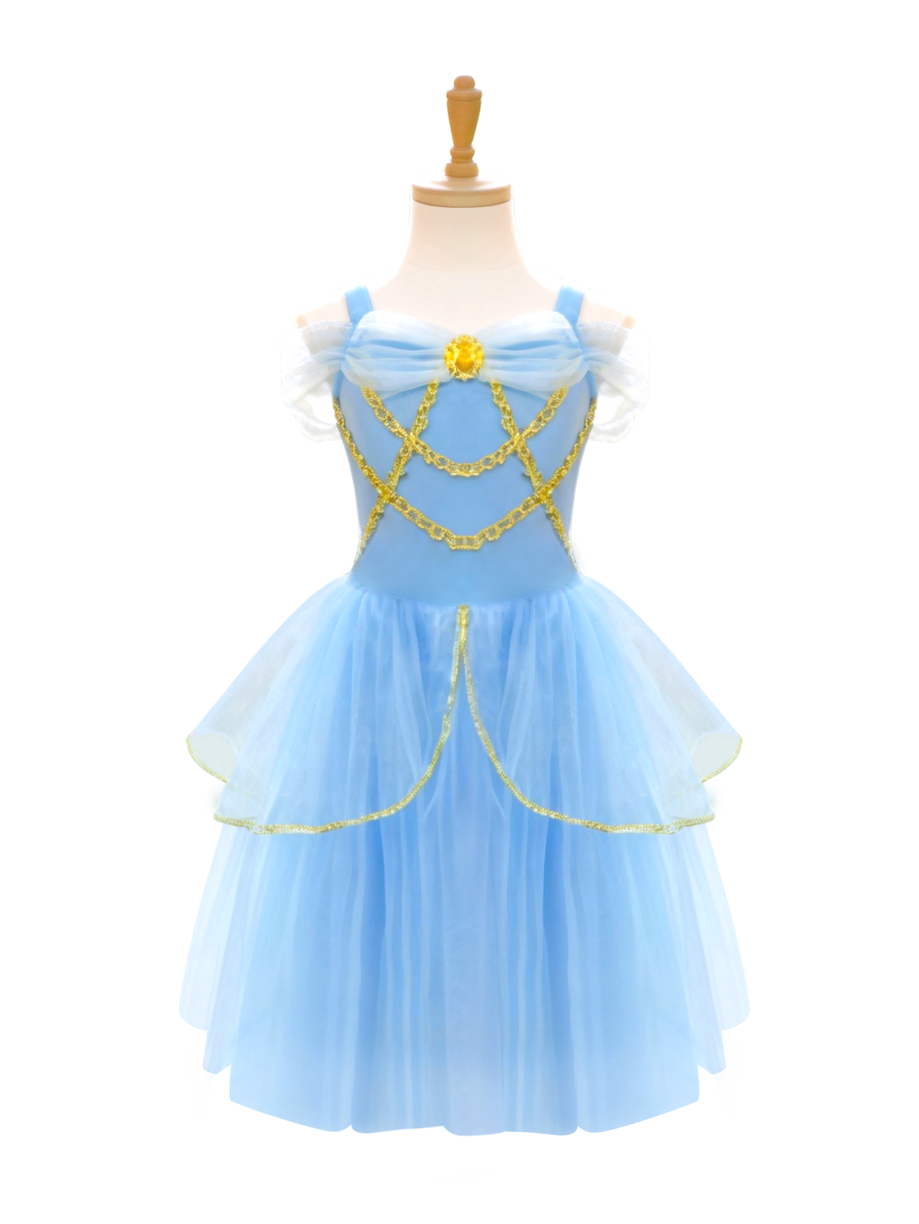 Sparkling Sky Blue Princess Costume with Gold Accents | Puff Sleeve Tulle Tutu Dress for Kids-ALP0101