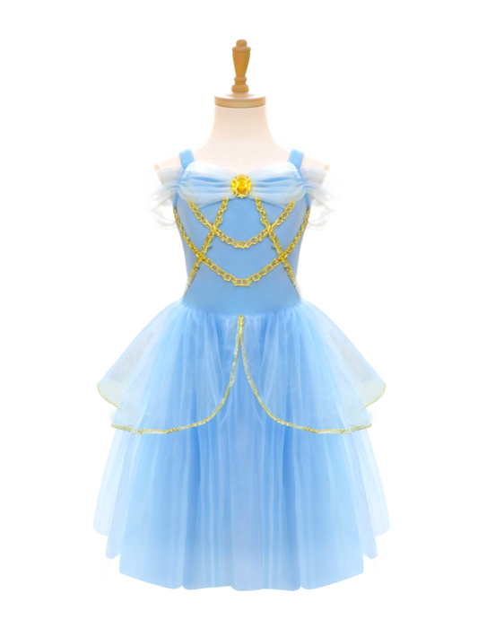 Sparkling Sky Blue Princess Costume with Gold Accents | Puff Sleeve Tulle Tutu Dress for Kids-ALP0101