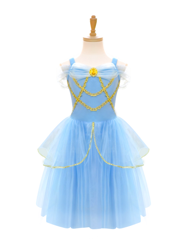 Sparkling Sky Blue Princess Costume with Gold Accents | Puff Sleeve Tulle Tutu Dress for Kids-ALP0101