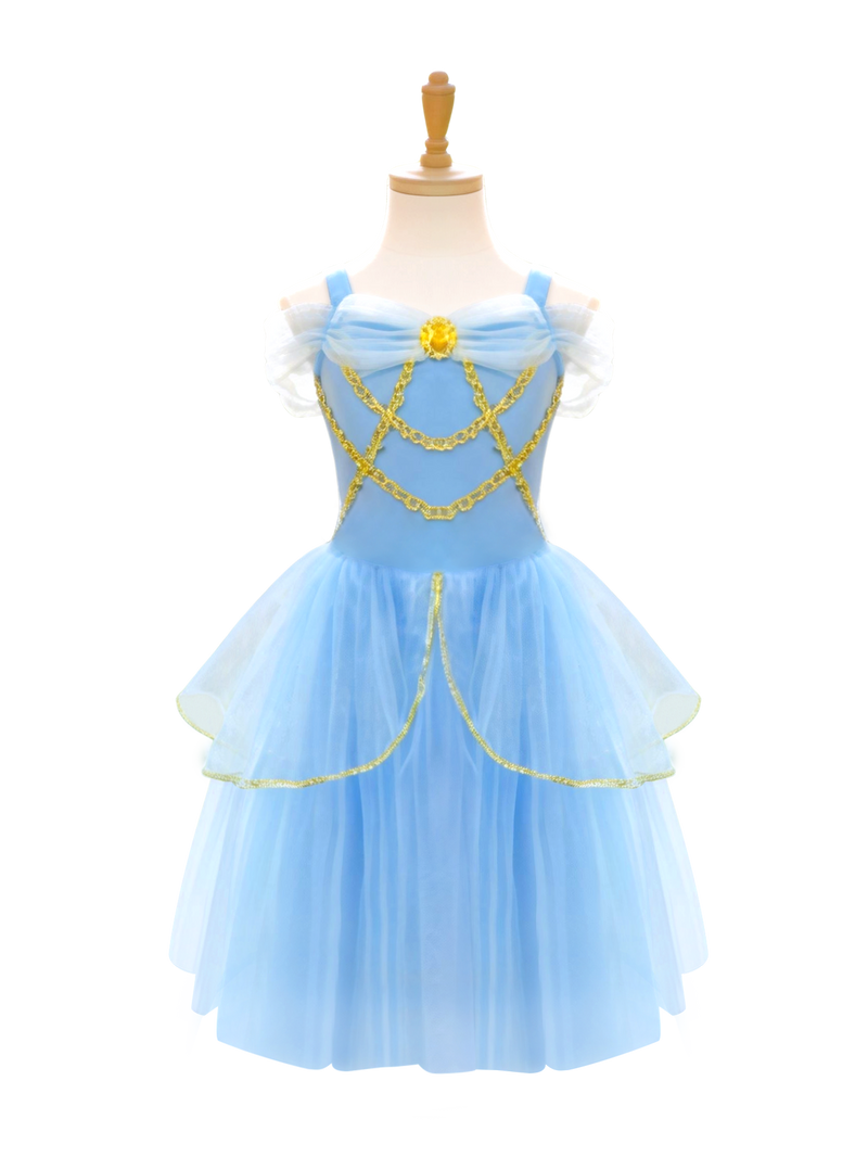 Sparkling Sky Blue Princess Costume with Gold Accents | Puff Sleeve Tulle Tutu Dress for Kids-ALP0101
