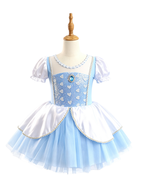 Girls Puff Sleeve Heart Glitter Ballet Leotard Princess Tutu Dress-ALP069