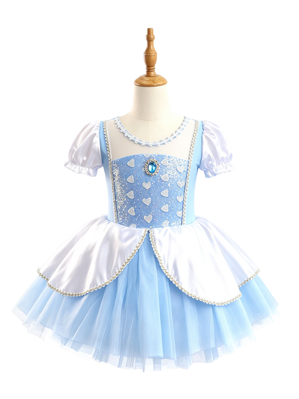 Girls Puff Sleeve Heart Glitter Ballet Leotard Princess Tutu Dress-ALP069