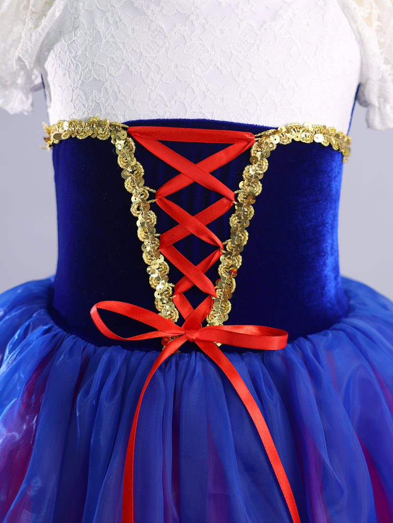 Girls Snow White Puff Lace Sleeve Ballet Tutu Dance Costume