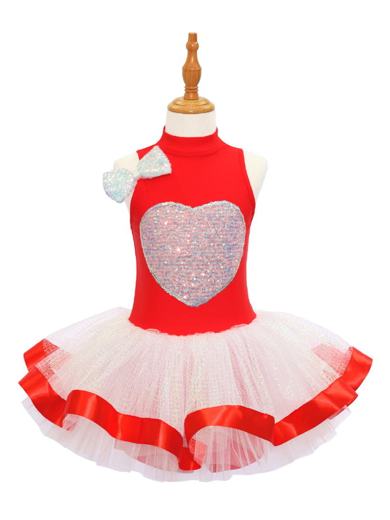 Kids Jazz Dance Leotard - Tutu Romper with Sequin Heart & Bow-JSP003