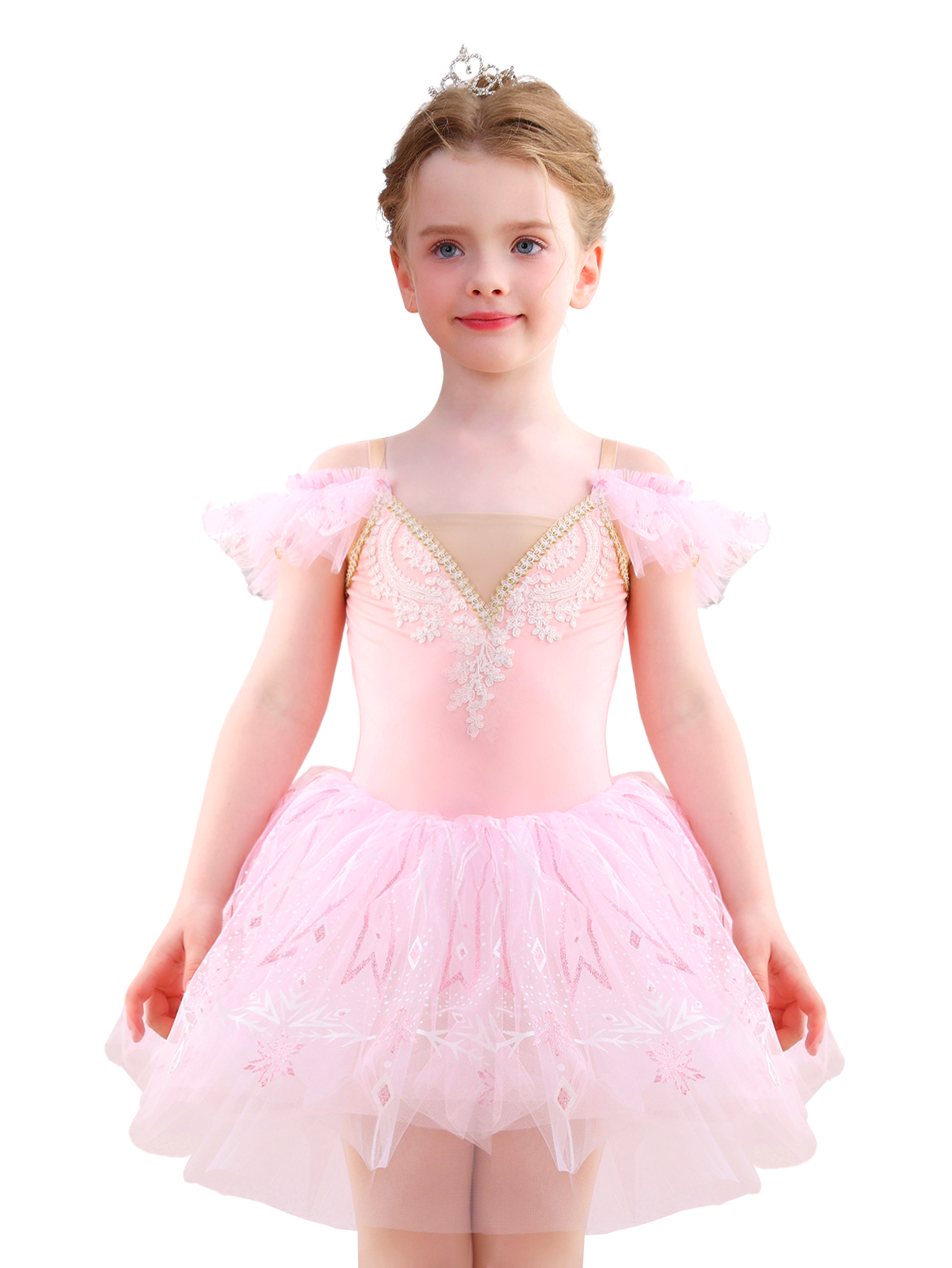 Girls Pink Snowflake Lace Ballet Tutu Dress, Ruffle Sleeve Dance Costume-ALP057