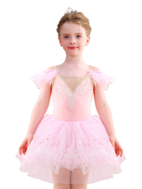 Girls Pink Snowflake Lace Ballet Tutu Dress, Ruffle Sleeve Dance Costume-ALP057