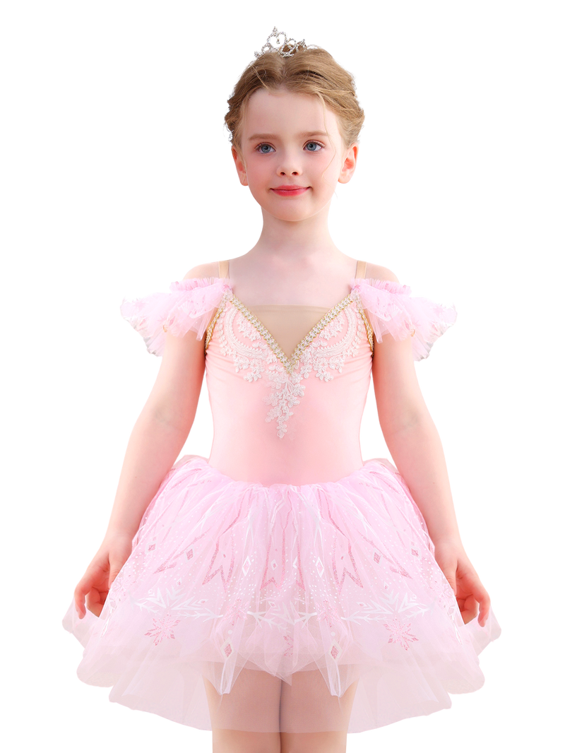 Girls Pink Snowflake Lace Ballet Tutu Dress, Ruffle Sleeve Dance Costume-ALP057