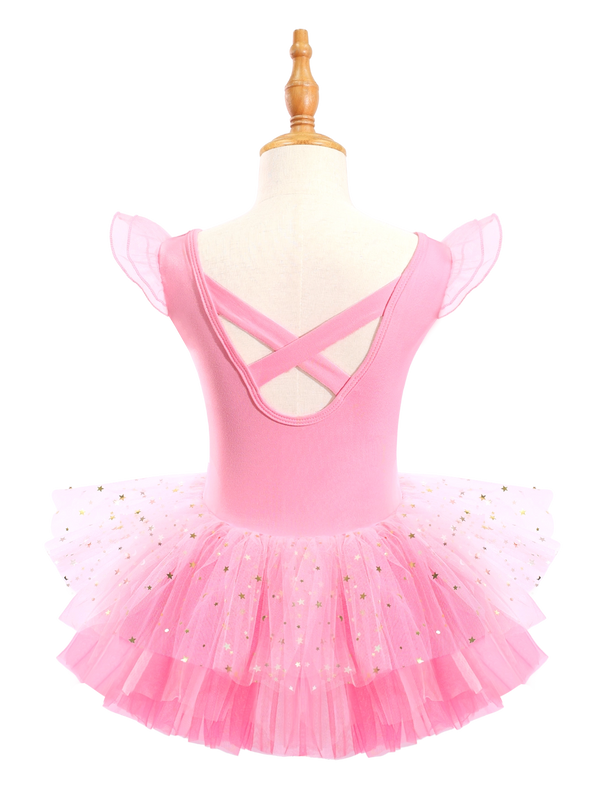 Girls Pink Crossover Back Ballet Leotard Tutu Dress-XY044
