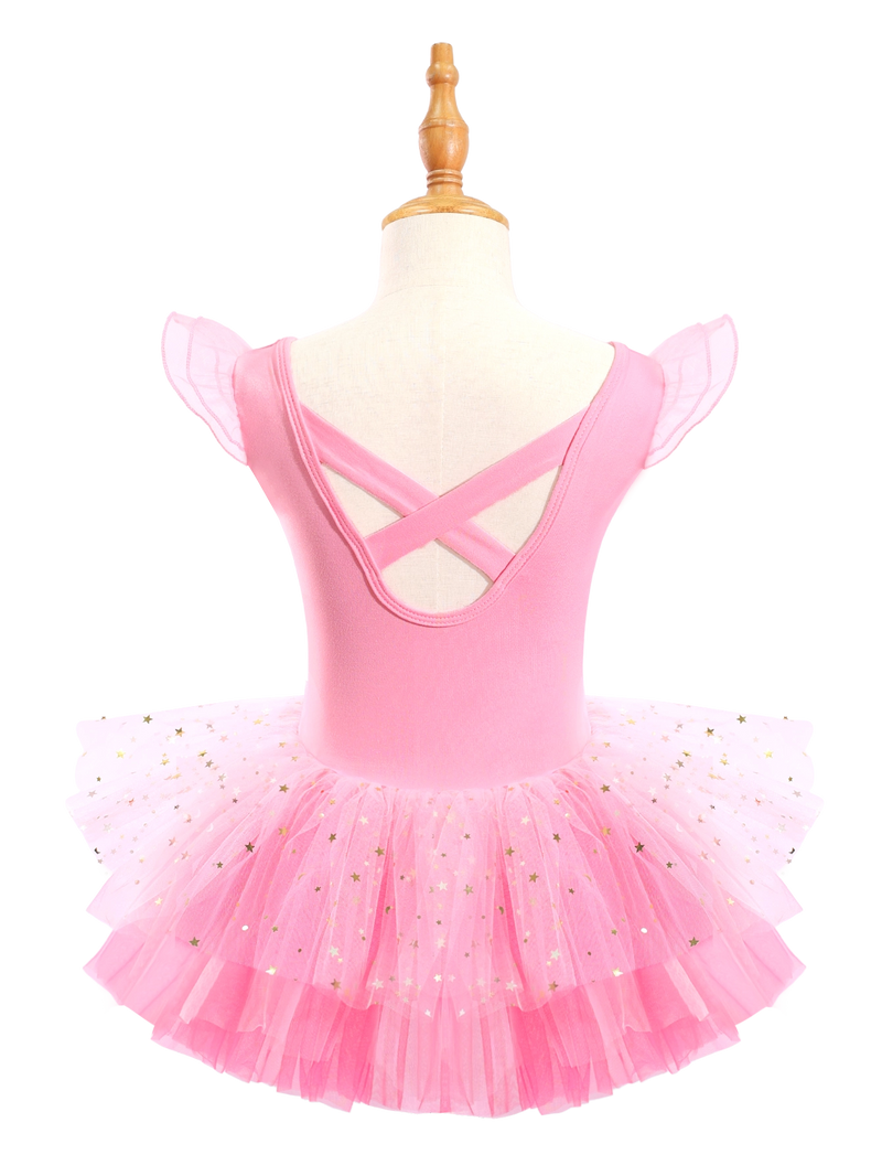 Girls Pink Crossover Back Ballet Leotard Tutu Dress-XY044