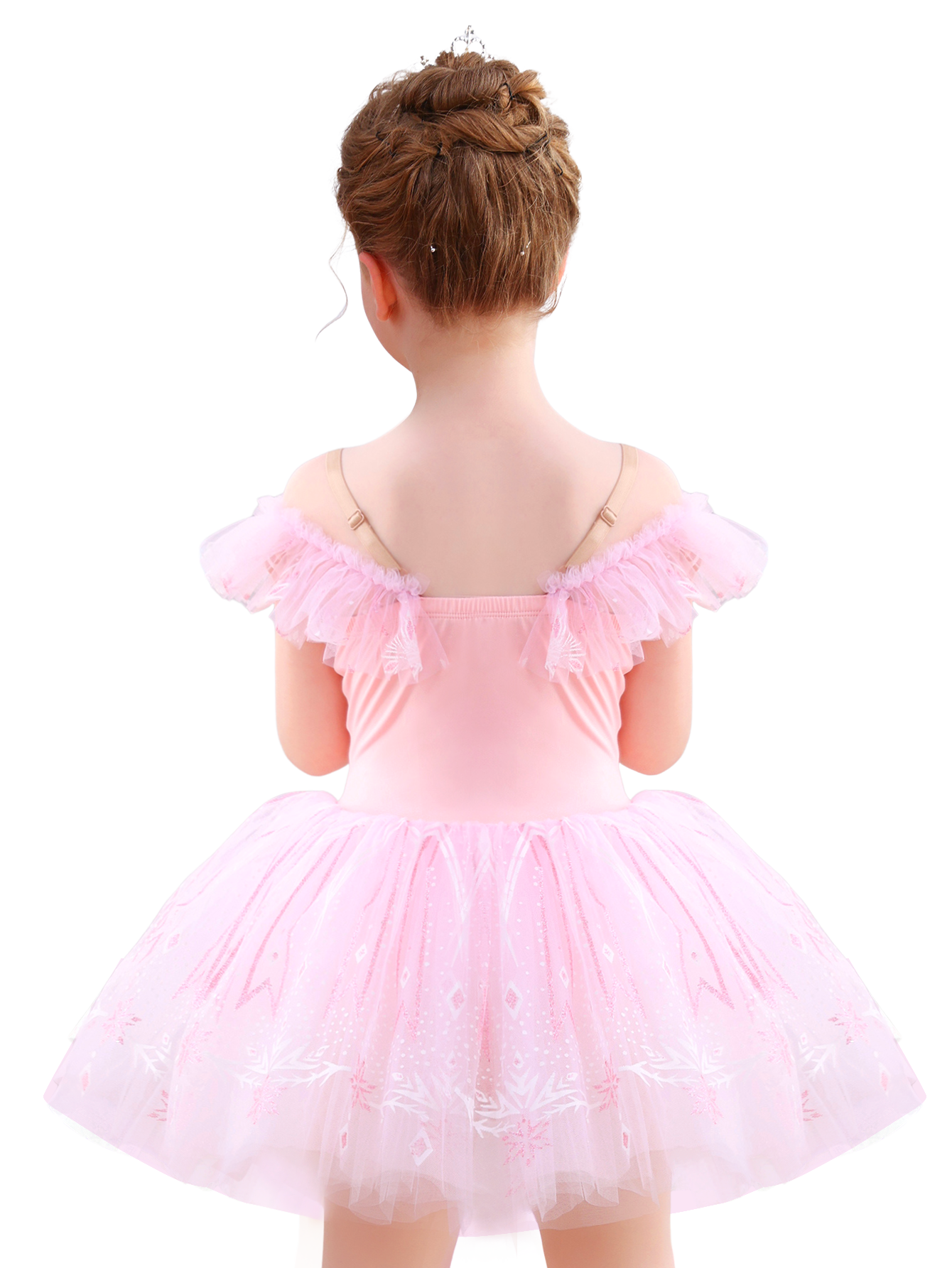Girls Pink Snowflake Lace Ballet Tutu Dress, Ruffle Sleeve Dance Costume-ALP057