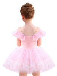 Girls Pink Snowflake Lace Ballet Tutu Dress, Ruffle Sleeve Dance Costume-ALP057