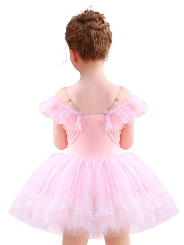 Girls Pink Snowflake Lace Ballet Tutu Dress, Ruffle Sleeve Dance Costume-ALP057