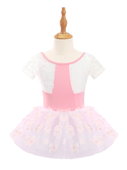 Kids Pink Floral Ballet Leotard Tutu Dress-AM193