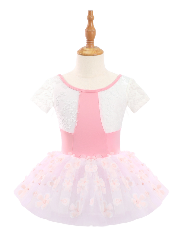 Kids Pink Floral Ballet Leotard Tutu Dress-AM193