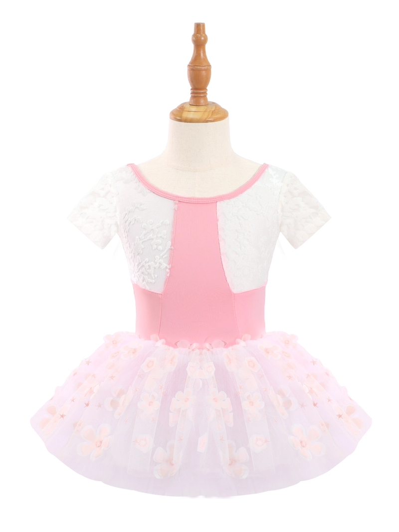 Kids Pink Floral Ballet Leotard Tutu Dress-AM193