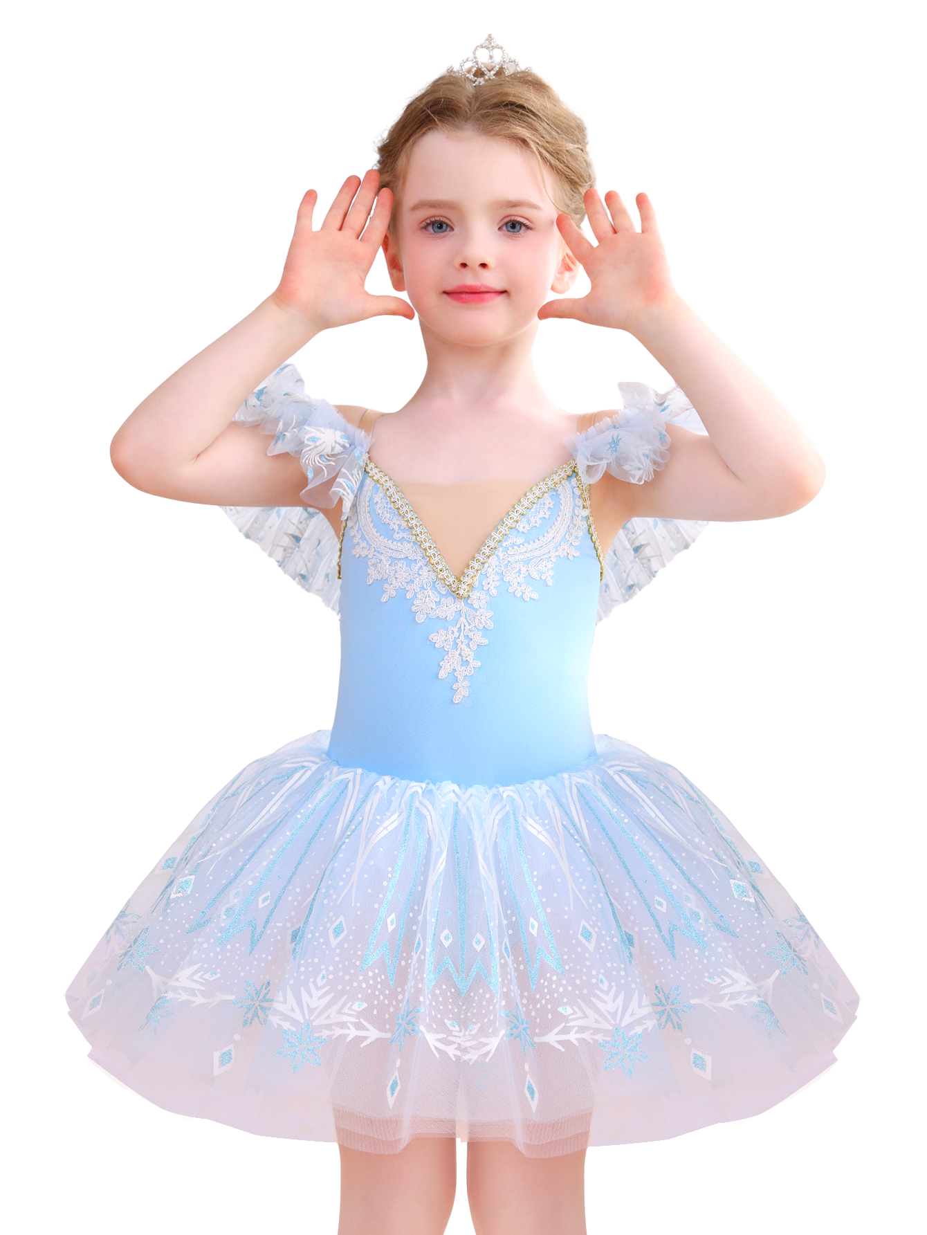 Girls Pink Snowflake Lace Ballet Tutu Dress, Ruffle Sleeve Dance Costume-ALP057