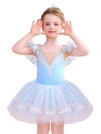 Girls Pink Snowflake Lace Ballet Tutu Dress, Ruffle Sleeve Dance Costume-ALP057