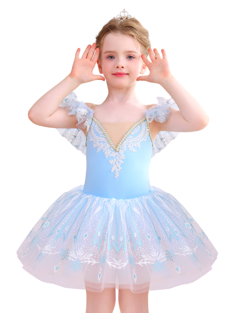 Girls Pink Snowflake Lace Ballet Tutu Dress, Ruffle Sleeve Dance Costume-ALP057