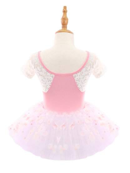 Kids Pink Floral Ballet Leotard Tutu Dress-AM193