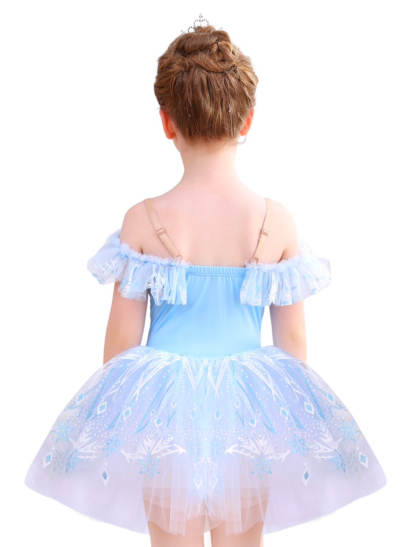Girls Pink Snowflake Lace Ballet Tutu Dress, Ruffle Sleeve Dance Costume-ALP057