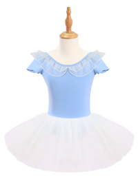 Girls Blue Ruffle Neck Ballet Leotard Tutu