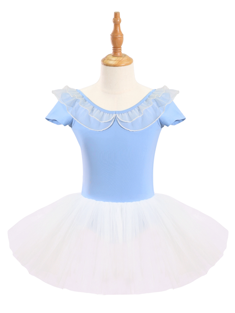 Girls Blue Ruffle Neck Ballet Leotard Tutu