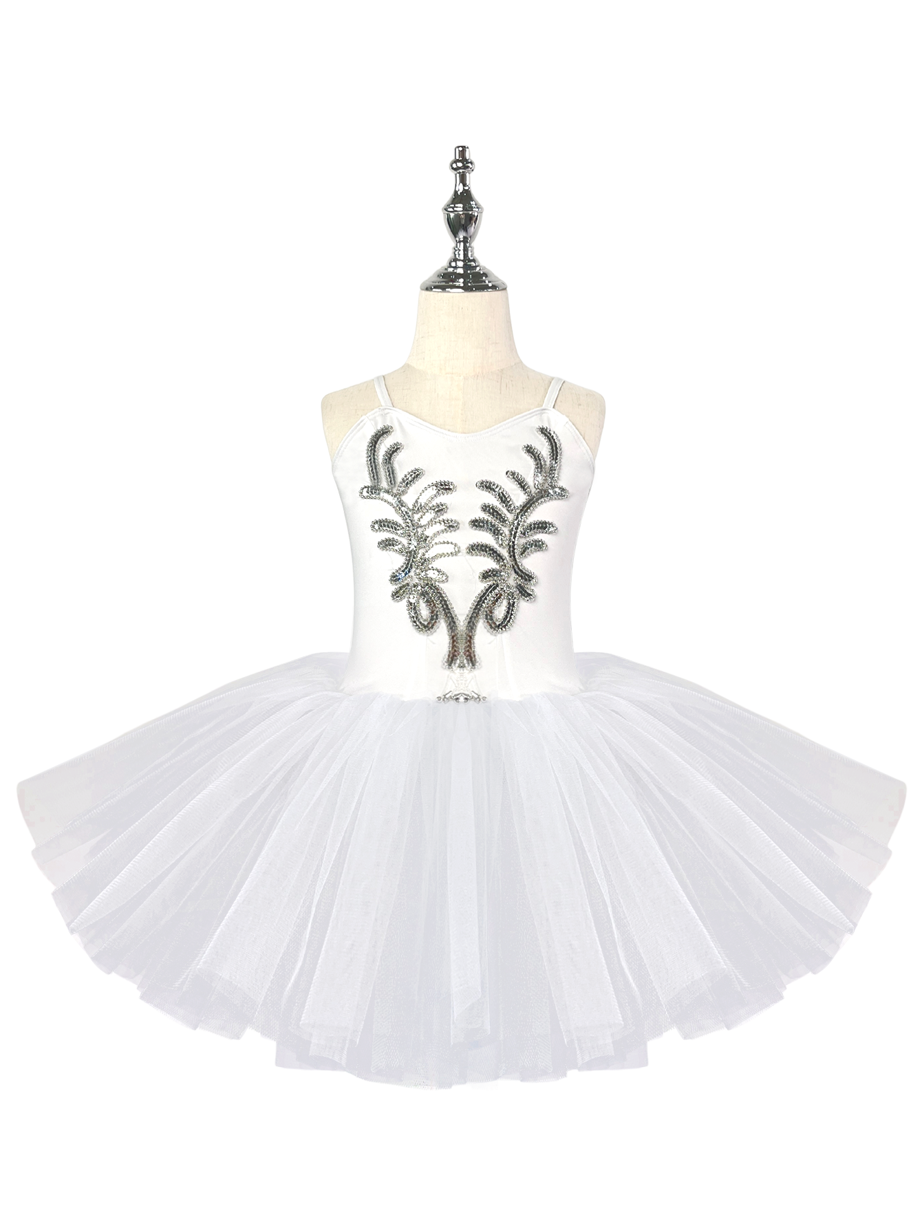Girls White Swan Ballet Tutu Dress, Sleeveless Leotard with Silver Sequin Embroidery-ALP022