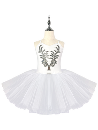 Girls White Swan Ballet Tutu Dress, Sleeveless Leotard with Silver Sequin Embroidery-ALP022