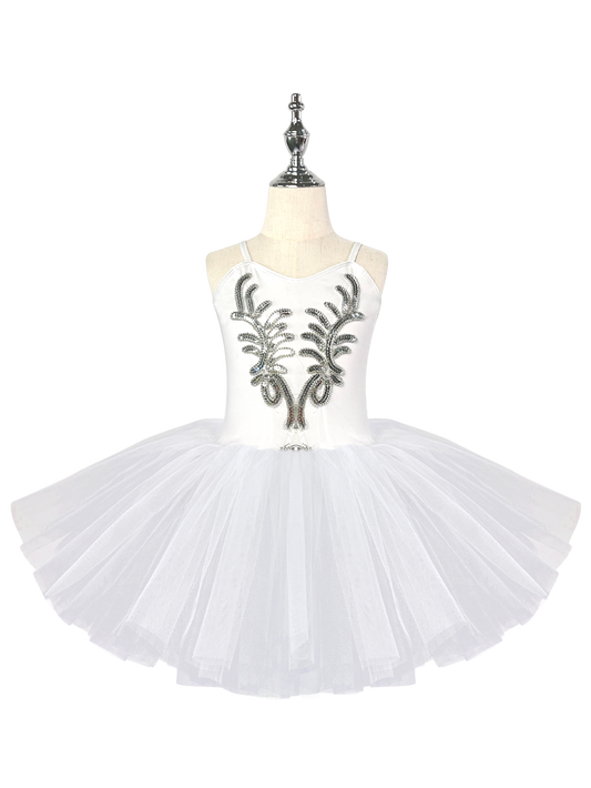 Girls White Swan Ballet Tutu Dress, Sleeveless Leotard with Silver Sequin Embroidery-ALP022