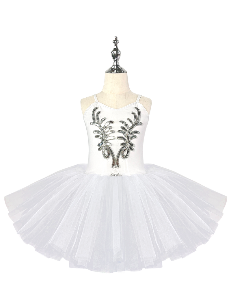 Girls White Swan Ballet Tutu Dress, Sleeveless Leotard with Silver Sequin Embroidery-ALP022