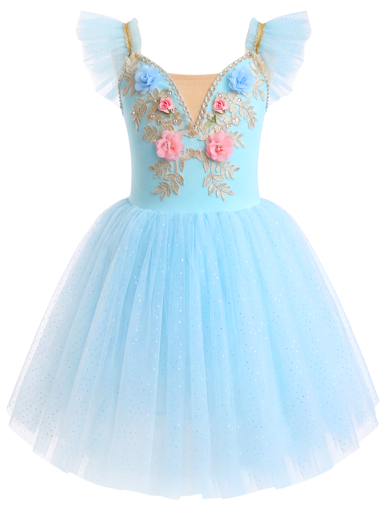 Girls Floral Embroidery Flutter Sleeve Ballet Leotard Princess Tutu Dress-ALP060
