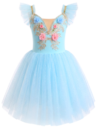 Girls Floral Embroidery Flutter Sleeve Ballet Leotard Princess Tutu Dress-ALP060