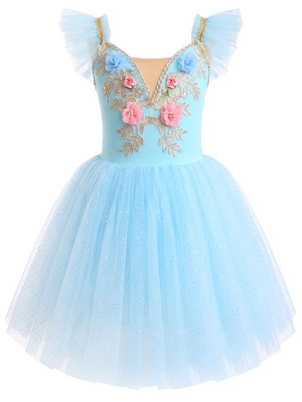 Girls Floral Embroidery Flutter Sleeve Ballet Leotard Princess Tutu Dress-ALP060