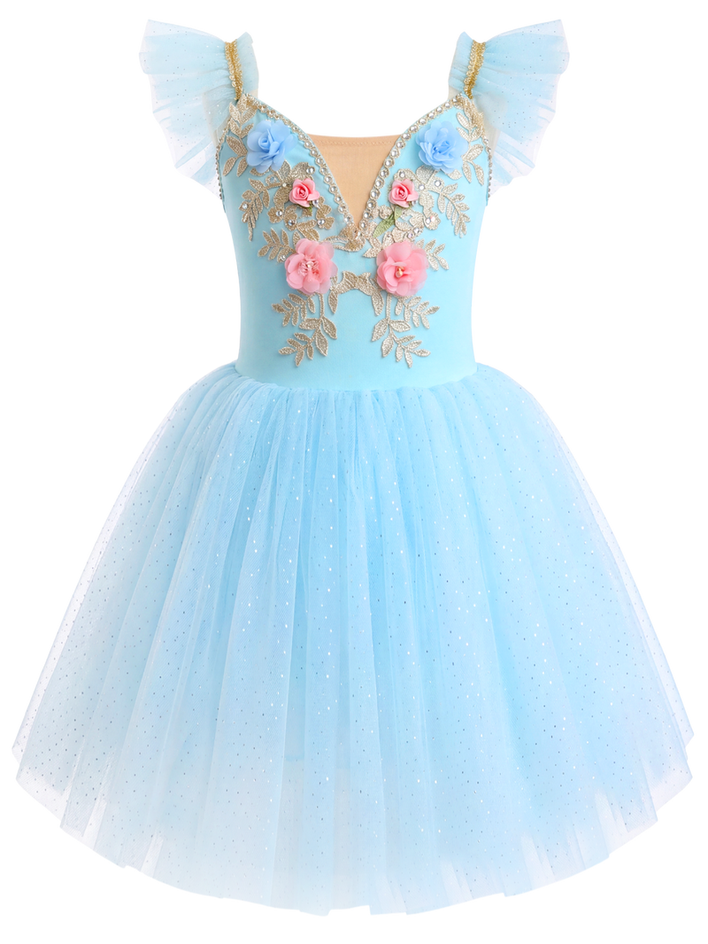 Girls Floral Embroidery Flutter Sleeve Ballet Leotard Princess Tutu Dress-ALP060