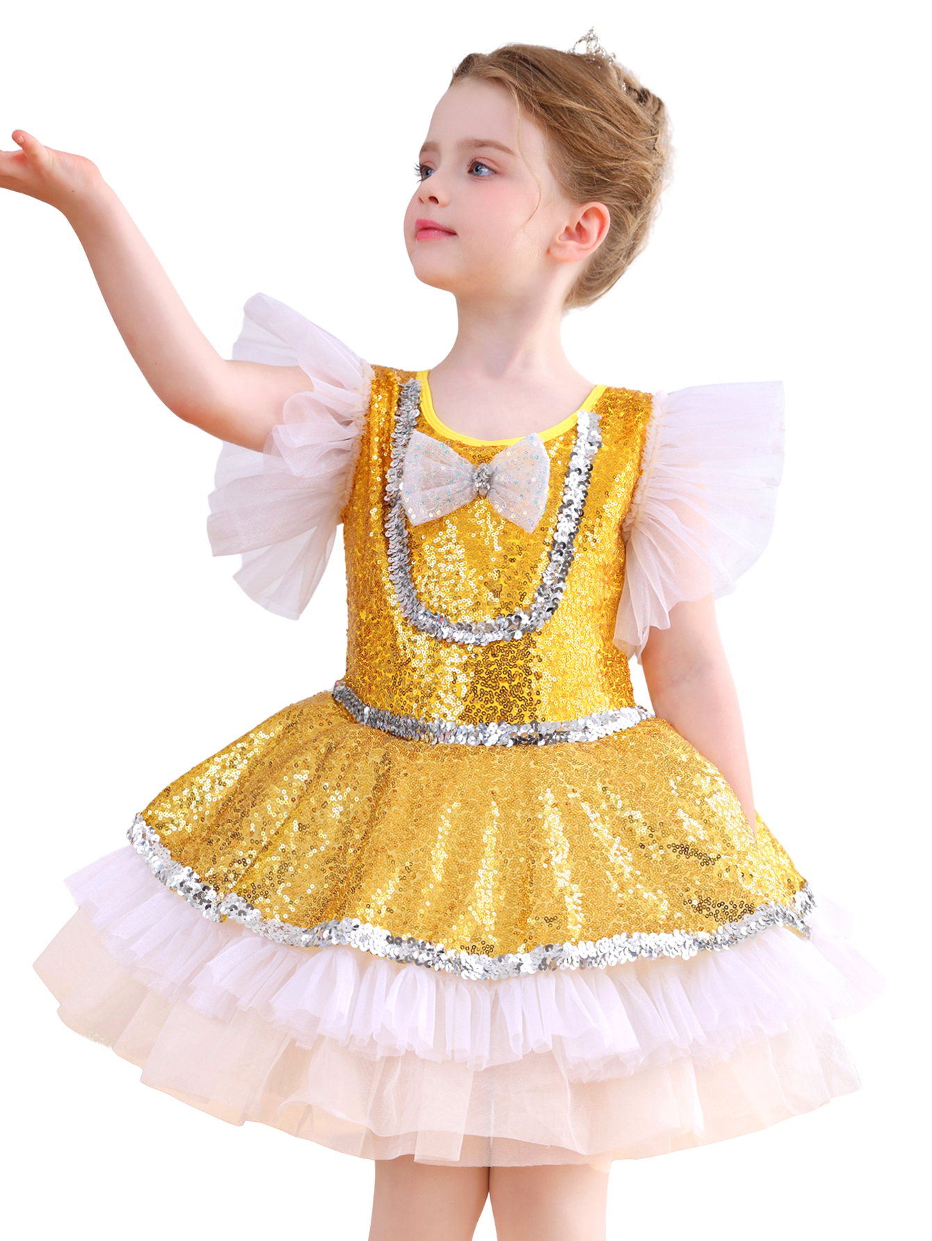 Girls Gold Sequin Ballet Tutu Dress, Puff Sleeve Sparkle Dance Costume-ALP065