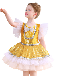 Girls Gold Sequin Ballet Tutu Dress, Puff Sleeve Sparkle Dance Costume-ALP065