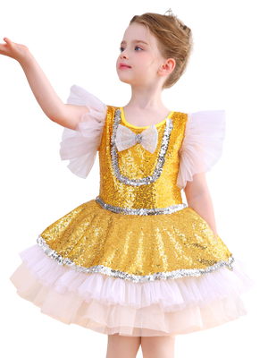Girls Gold Sequin Ballet Tutu Dress, Puff Sleeve Sparkle Dance Costume-ALP065