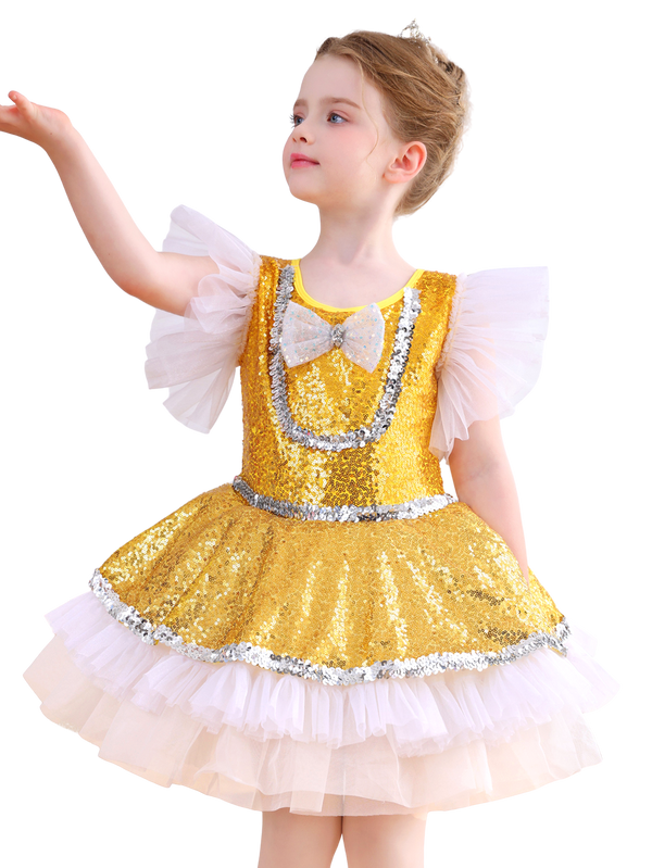 Girls Gold Sequin Ballet Tutu Dress, Puff Sleeve Sparkle Dance Costume-ALP065