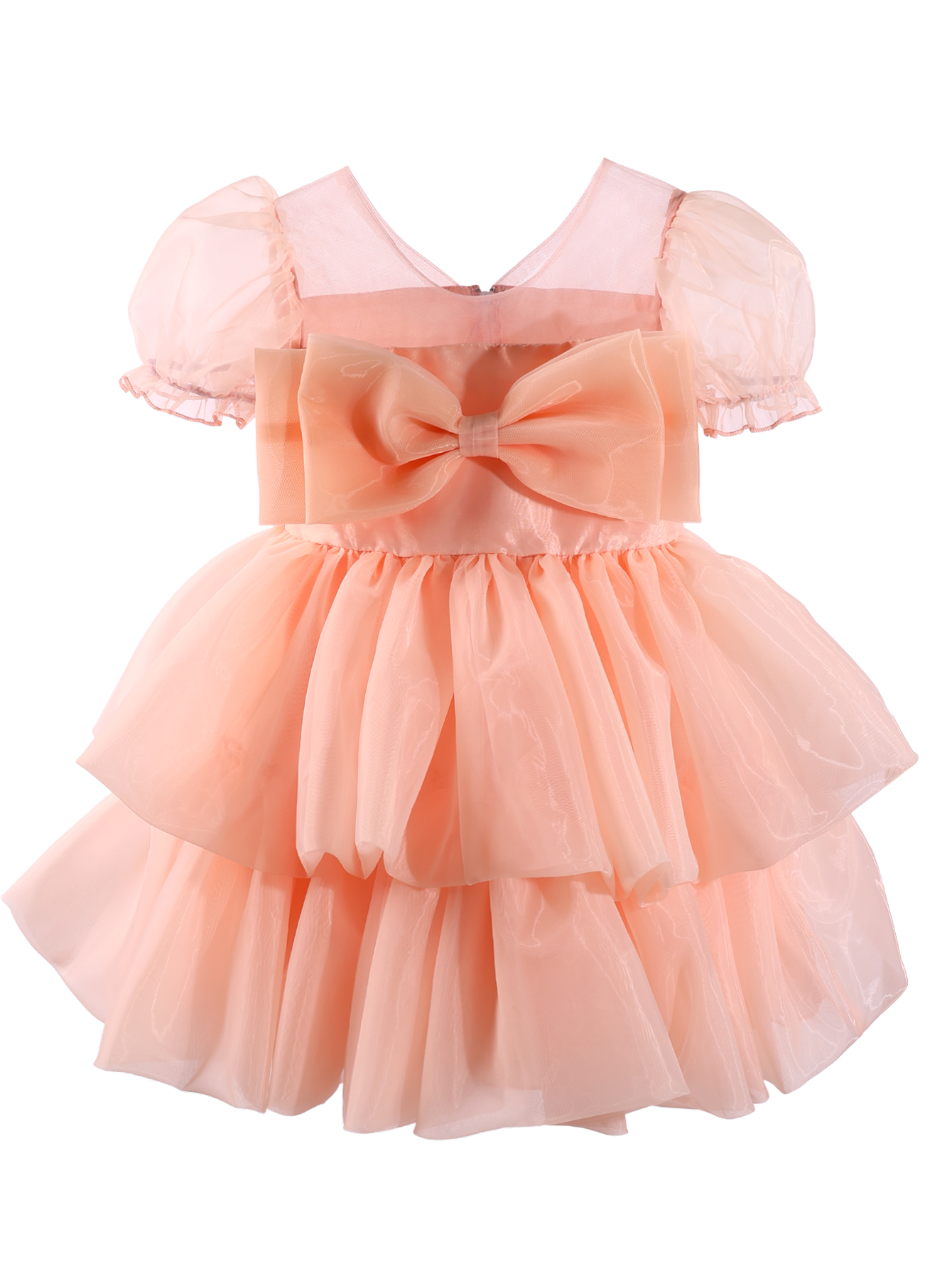 Girls Peach Puff Sleeve Princess Dress with Big Bow-XGZ9001