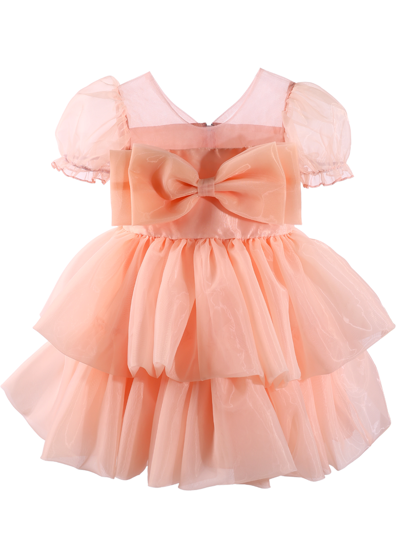 Girls Peach Puff Sleeve Princess Dress with Big Bow-XGZ9001