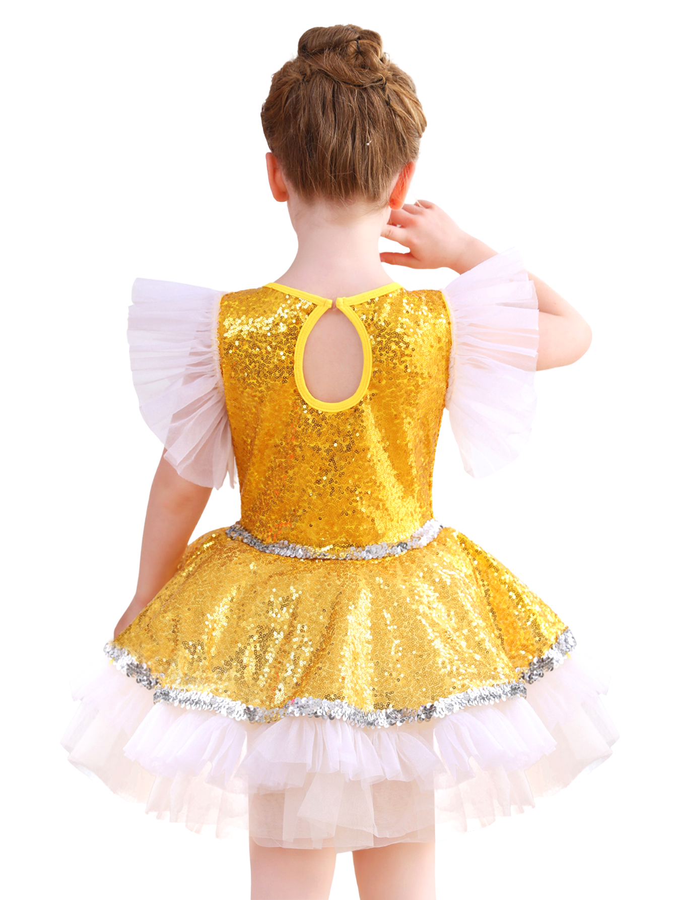 Girls Gold Sequin Ballet Tutu Dress, Puff Sleeve Sparkle Dance Costume-ALP065