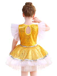 Girls Gold Sequin Ballet Tutu Dress, Puff Sleeve Sparkle Dance Costume-ALP065