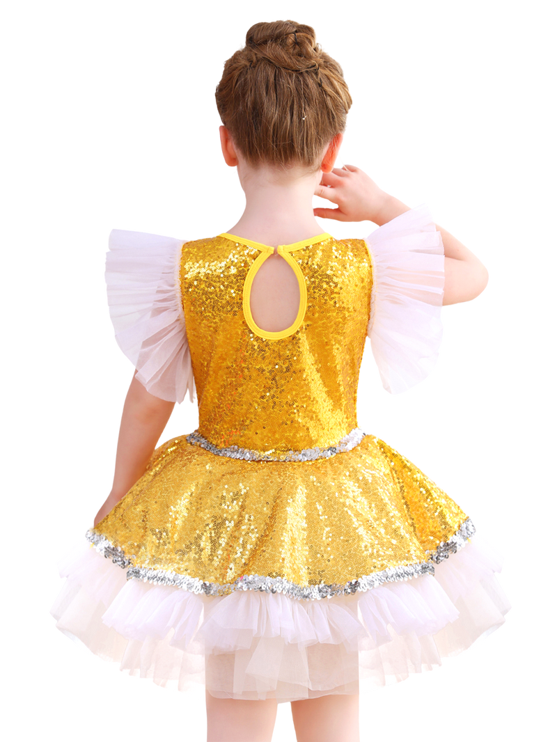 Girls Gold Sequin Ballet Tutu Dress, Puff Sleeve Sparkle Dance Costume-ALP065