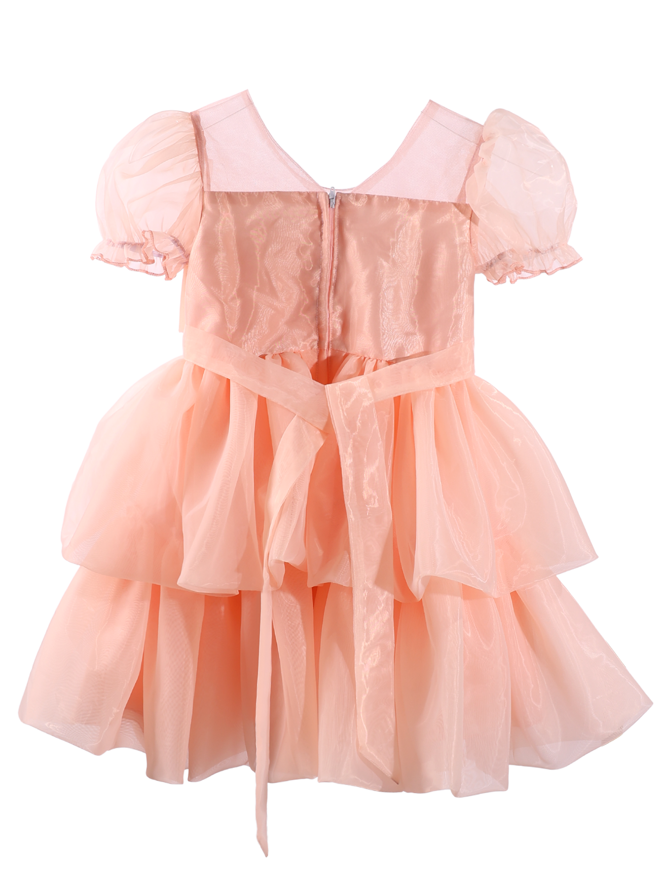 Girls Peach Puff Sleeve Princess Dress with Big Bow-XGZ9001