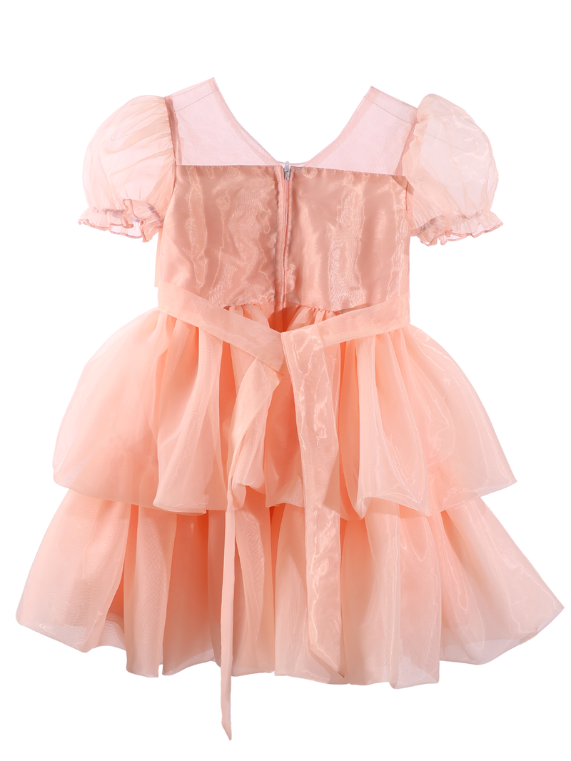 Girls Peach Puff Sleeve Princess Dress with Big Bow-XGZ9001