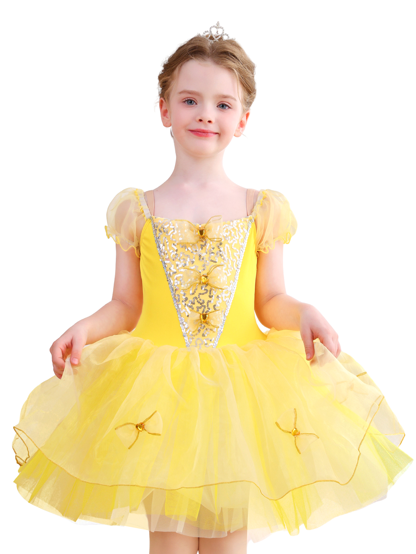 Girls Yellow Bow & Sequin Ballet Tutu Dress, Puff Sleeve Dance Costume-ALP078