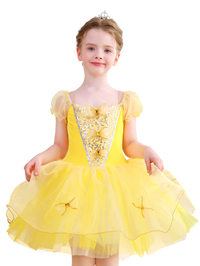 Girls Yellow Bow & Sequin Ballet Tutu Dress, Puff Sleeve Dance Costume-ALP078