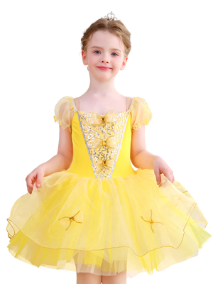 Girls Yellow Bow & Sequin Ballet Tutu Dress, Puff Sleeve Dance Costume-ALP078