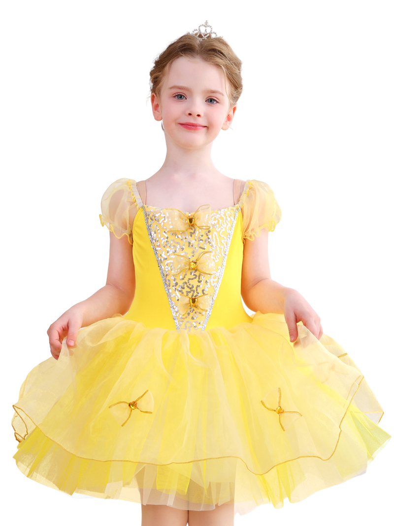 Girls Yellow Bow & Sequin Ballet Tutu Dress, Puff Sleeve Dance Costume-ALP078
