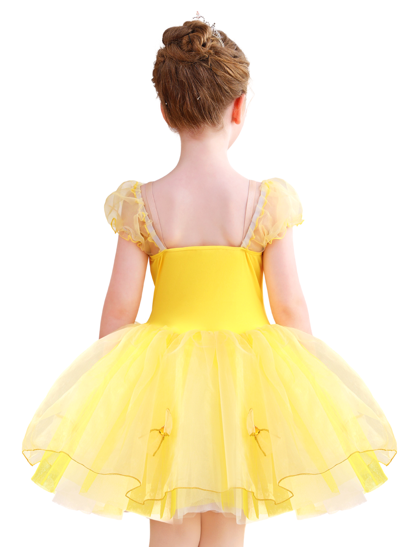 Girls Yellow Bow & Sequin Ballet Tutu Dress, Puff Sleeve Dance Costume-ALP078